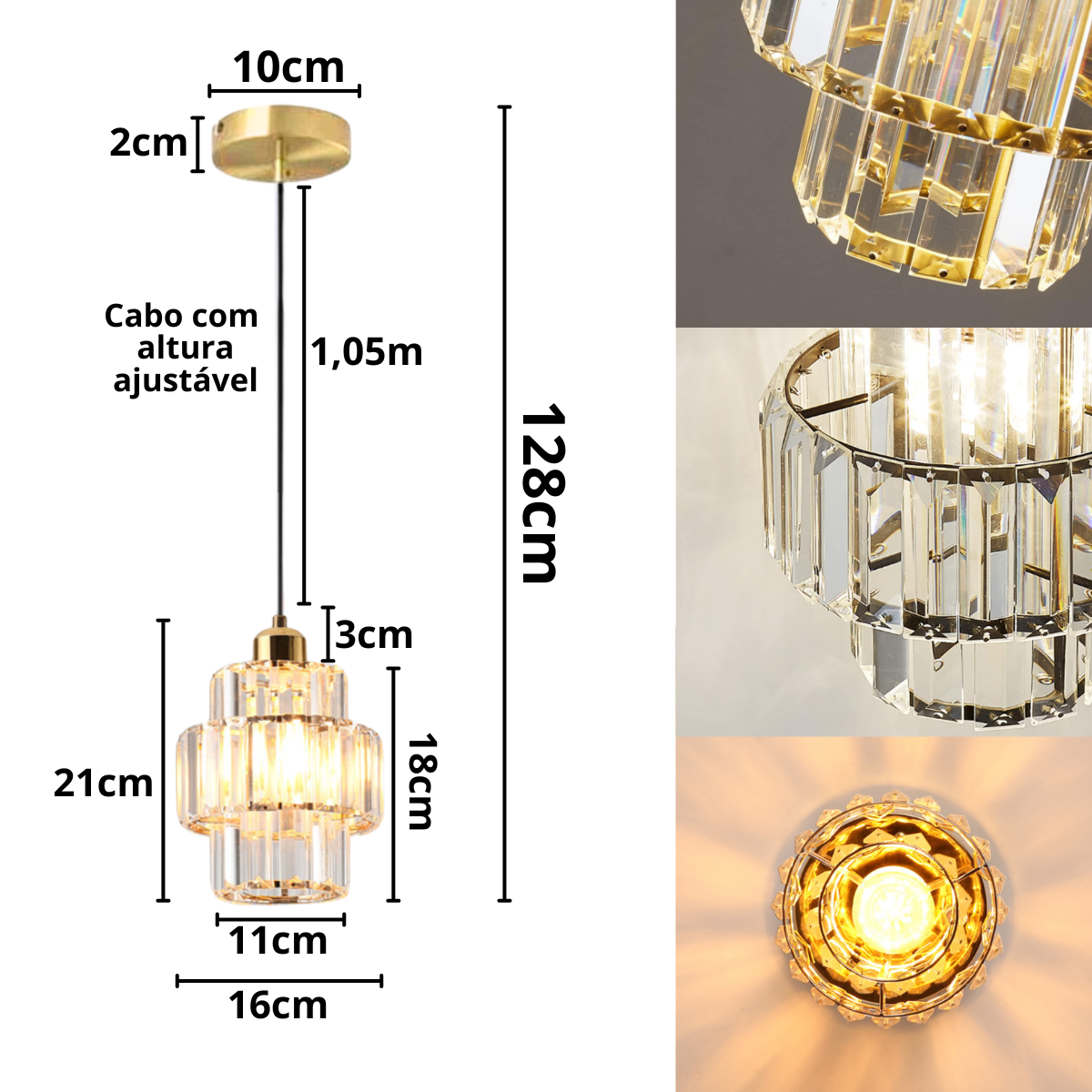 Ver mais imagens de Luminária Pendente até 128cm 32 Cristais Metal Lustre Plafon Teto Bivolt E27 Gimpo Kjdd-e-003:dourad