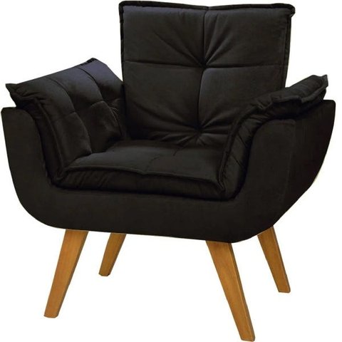 Poltrona Decorativa Opala Suede Preto para Sala de Estar Luxo Escritório Quarto