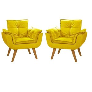 Kit 2 Poltronas Decorativas Opala Suede Amarelo para Sala de Estar Luxo Escritório Quarto