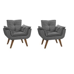 Kit 2 Poltronas Decorativas Opala Suede Cinza para Sala de Estar Luxo Escritório Quarto