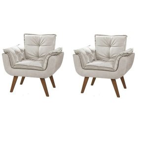 Kit 2 Poltronas Decorativas Opala Suede Creme para Sala de Estar Luxo Escritório Quarto