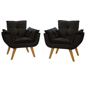 Kit 2 Poltronas Decorativas Opala Suede Preto para Sala de Estar Luxo Escritório Quarto