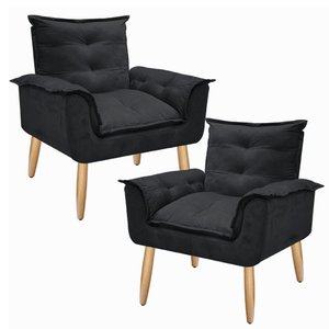 Kit 2 Poltronas Decorativas Opala Suede Preto para Sala de Estar Luxo Escritório Quarto