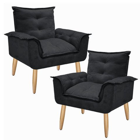 Kit 2 Poltronas Decorativas Opala Suede Preto para Sala de Estar Luxo Escritório Quarto