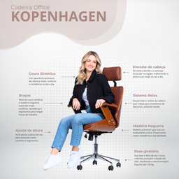 Cadeira de Escritório Ergonômica Giratória Fratini Kopenhagen Presidente Office Apoio Cabeça Marrom - 3