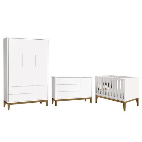 Dormitório Infantil Classic 3 Portas, Cômoda 1 Porta e Berço Branco Fosco com Pés Amadeirado - Relle