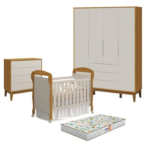 Quarto de Bebê 4 Portas com Cômoda Gaveteiro Elfe Classic e Berço Americano Danny Areia Savana