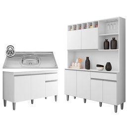 Cozinha Compacta Alice e Balcão Gabinete Com Pia Tatiane 120cm Branco - AJL Móveis - 1 Cozinha Compacta Alice e Balcão Gabinete Com Pia Tatiane 120cm Branco - AJL Móveis - 1