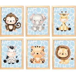 Quadro Infantil Safari 6 Un A4 Vidro e Pendurador - 1