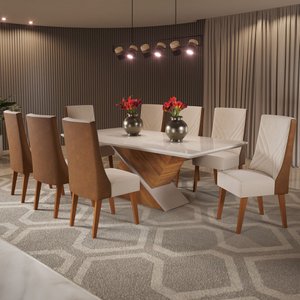 Mesa de Jantar 8 Lugares Luxury com Vidro Mel/off White/bronze - Viero Móveis