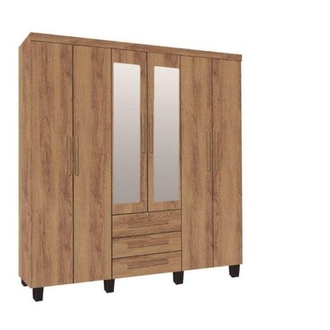 Guarda-Roupa Roupeiro Casal 6 Portas 3 Gavetas com Espelho Cor Canela