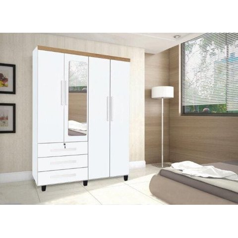 Guarda-Roupa Roupeiro Solteiro 4 Portas + 3 Gavetas Espelho Cor Branca