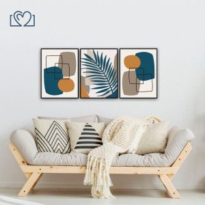Quadros Decorativos Sala Paisagem Folhagem Abstrato Quarto Moldura - PRETO - KIT COM 3 QUADROS DE 62