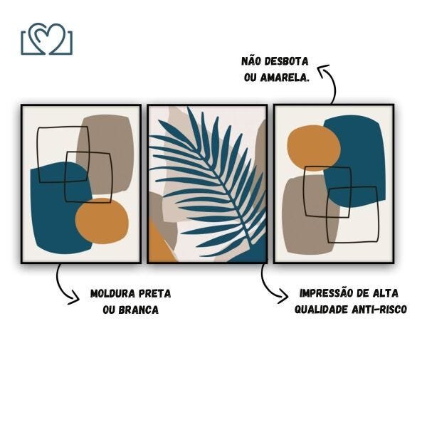 Quadros Decorativos Sala Paisagem Folhagem Abstrato Quarto Moldura - PRETO - KIT COM 3 QUADROS DE 62 - 3