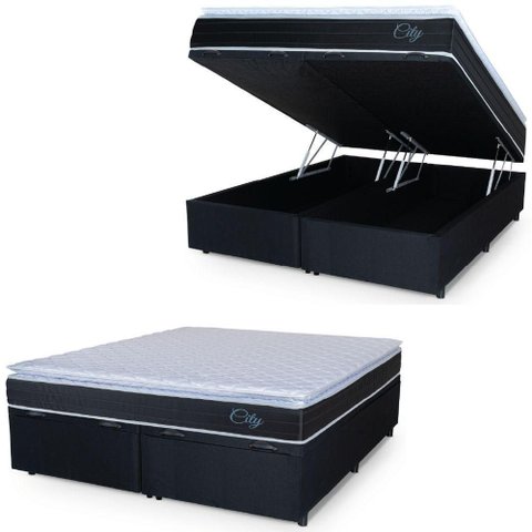 Cama Box Baú Casal Queen Colchão C/ Molas Ensacadas City Pillow Top 158x198x64cm Hellen Preto/