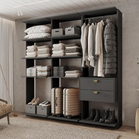 Guarda-Roupas Closet Modulado Alasca Duo 180cm 3 Peças com 2 Gavetas e Cabideiros Preto Touch