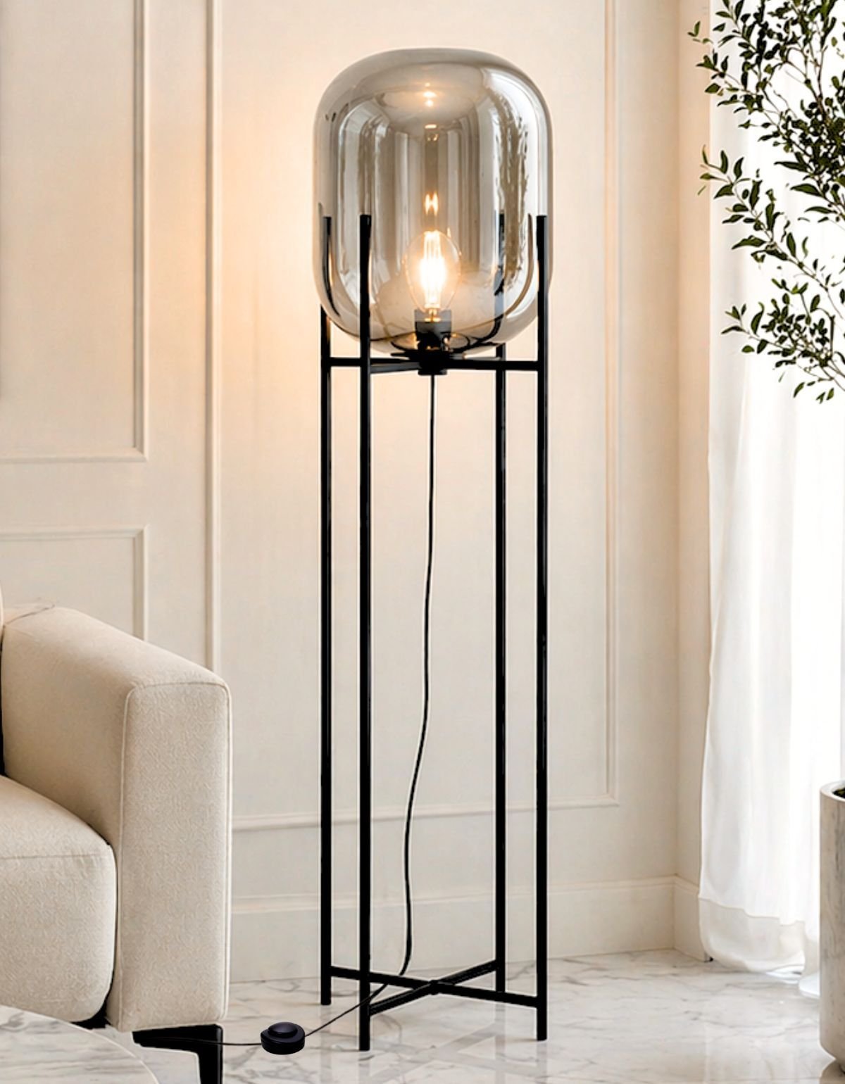 Ver imagem 1 de Luminária de Chão Piso 160cm Globo Vidro Fumê Cinza Espelhada Coluna Pedestal Lv-ash-5 Gimpo