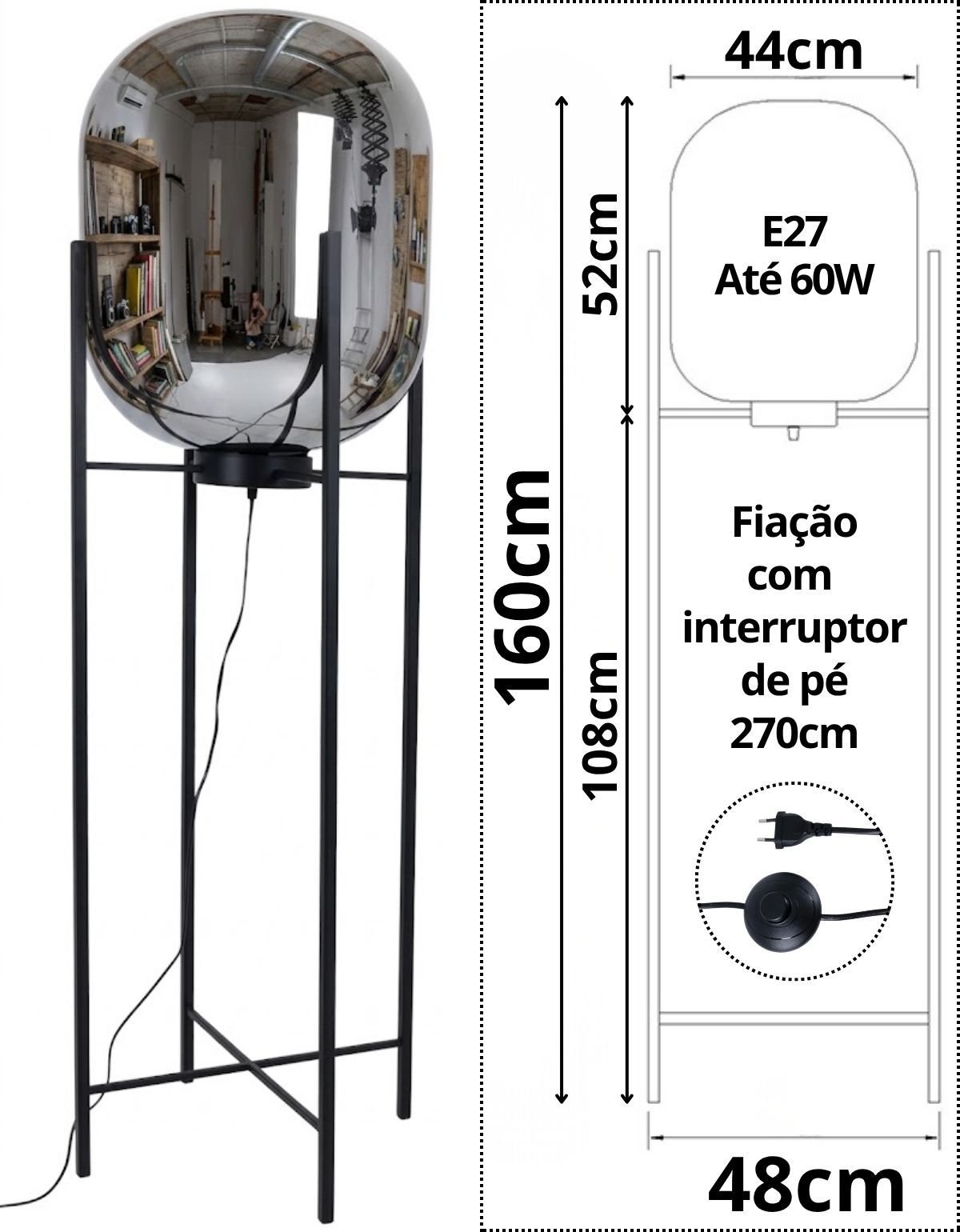 Ver imagem 2 de Luminária de Chão Piso 160cm Globo Vidro Fumê Cinza Espelhada Coluna Pedestal Lv-ash-5 Gimpo