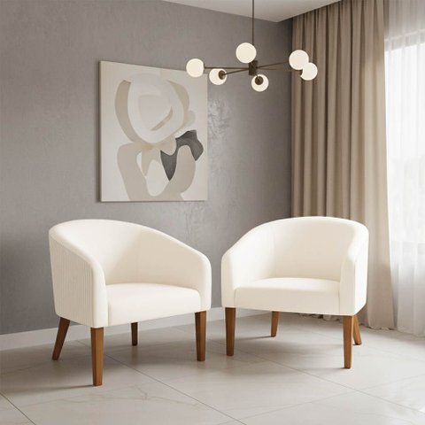 Poltrona Sala Decorativa Kit 2 Stella Pé Madeira Trapézio Castanho Cotelê Ext/veludo D03 - D’Rossi