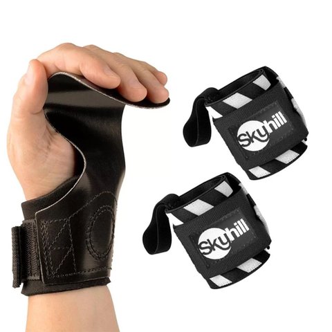 Kit Hand Grip Competition Skyhill + Munhequeira Elástica Listrada:gg/preto