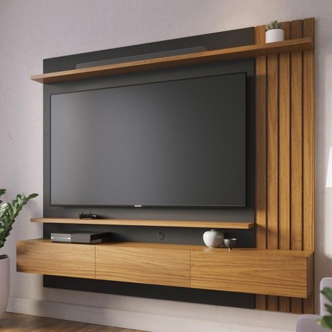 Painel para TV 70 pol com Bancada Suspensa 180cm Will C04 Noce Milano Preto Fosco - Lyam Decor