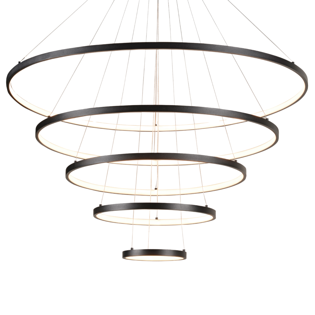 Lustre Pendente 5 Anéis Φ20×φ40×φ60xφ80x100cm 188w 3000k Bivolt Metal Preto+silicone Cabo: 5mt - 2