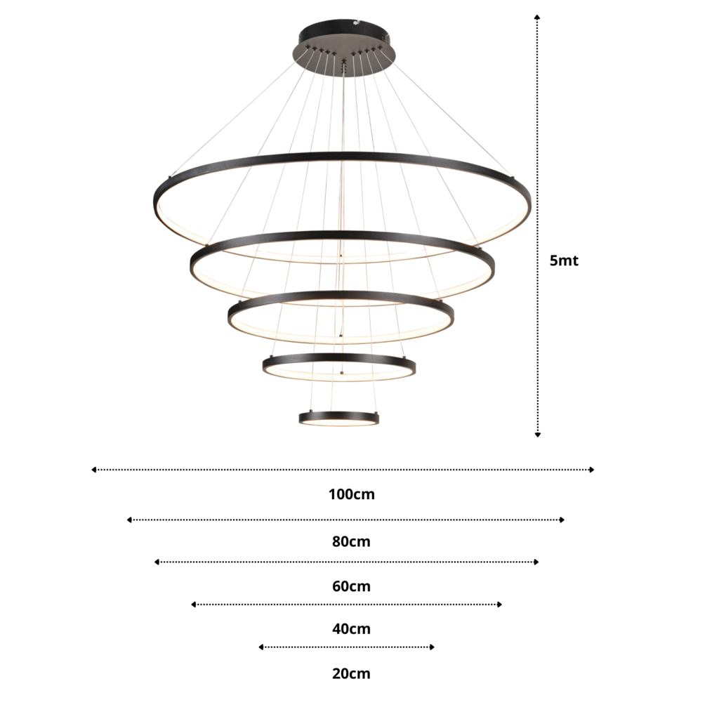 Lustre Pendente 5 Anéis Φ20×φ40×φ60xφ80x100cm 188w 3000k Bivolt Metal Preto+silicone Cabo: 5mt - 4