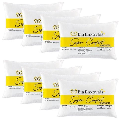Kit 8 Travesseiros 50x70cm Antialérgico Lavável Fibra Siliconada Macio Confort - Branco