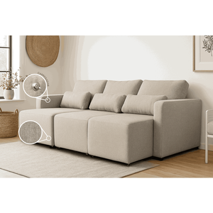 Sofá Baroni no Tecido Linho, Modular com 3 acentos com Almofadas Soltas e Dispositivo USB | De Casa 