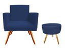 Ver imagem 1 de Kit Poltrona Decorativa Bia + Puff Redondo Suede Azul Marinho Pés Madeira Ms Decor