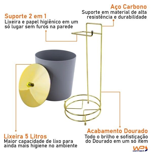 Suporte Porta Papel Higiênico com Lixeira 5 L Tampa Pegar Dourada - Cinza - 5