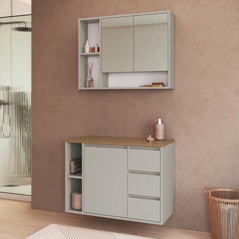 Conjunto Banheiro com Gabinete e Espelheira 3 Portas e 3 Gavetas 80cm Multimóveis Crart-CON014 -