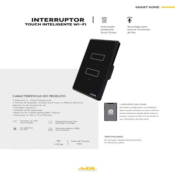 Interruptor Touch Wifi Inteligente AGL 2 Tecla Preto Bivolt - 3