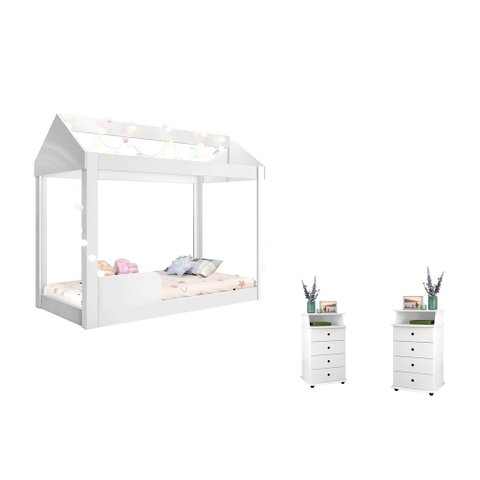 Quarto Infantil Completo com Mesa de Cabeceira Luxo Ii 4 Gavetas e Cama Montessoriana Crystal Branco