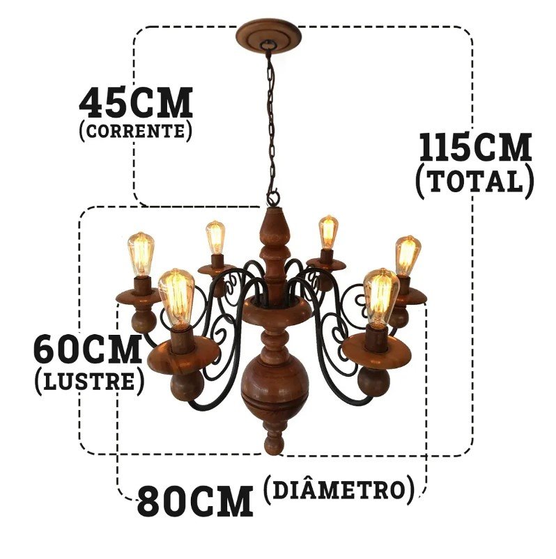 Lustre Torneado De Madeira e Ferro Rústico Para Sala - 8