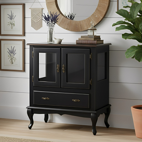 Cristaleira de Madeira 2 Portas 1 Gaveta Pés Luiz Xv - Preto Laca com Tampo Castanho Envelhecido