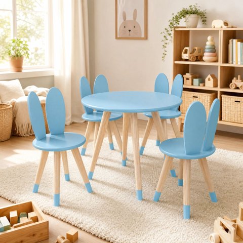 Conjunto Coelho Mesa 4 Cadeiras Infantil Pintura PU:Azul