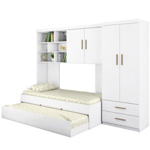 Quarto Infantil Chiara Guarda-roupa e Aéreo 2 Portas com Cama e Auxiliar Branco - Phoenix
