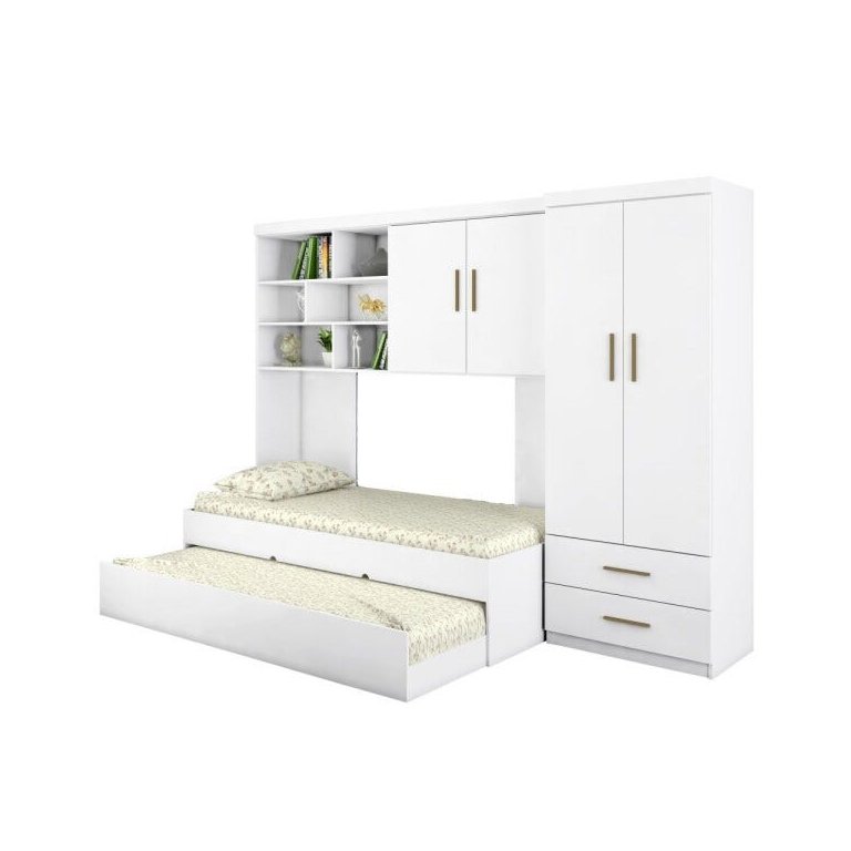 Quarto Infantil Chiara Guarda-roupa e Aéreo 2 Portas com Cama e Auxiliar Branco - Phoenix