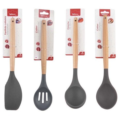 Kit 4 Utensílios De Silicone Cabo Madeira Colher Concha Espátula Colher Vazada Cinza