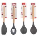 Ver imagem 1 de Kit 4 Utensílios De Silicone Cabo Madeira Colher Concha Espátula Colher Vazada Cinza