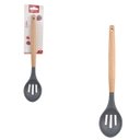 Ver imagem 2 de Kit 4 Utensílios De Silicone Cabo Madeira Colher Concha Espátula Colher Vazada Cinza