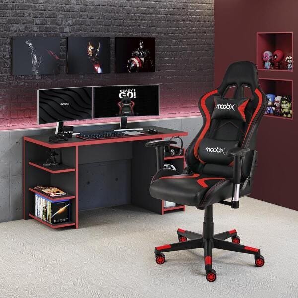 Mesa para Computador / Gamer Mx Vermelho com 5 Prateleiras e Gancho para Headset - 3