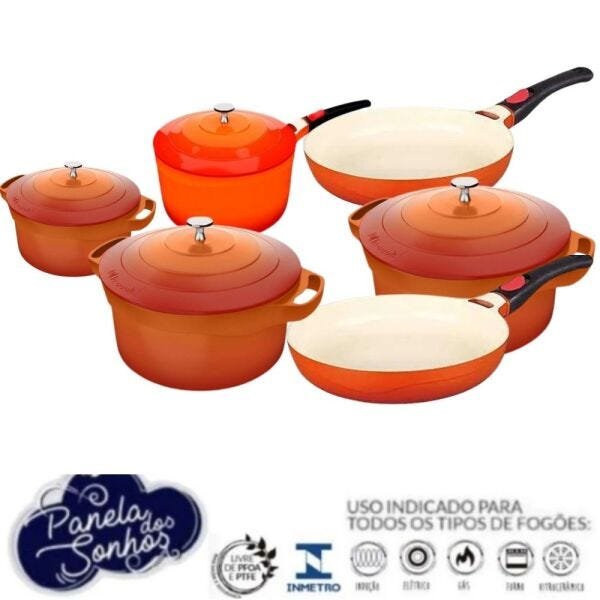 Conjunto 6 Peças Le Cook Cerâmico Orange Antiaderente Panelas Caçarolas Frigideiras - 3