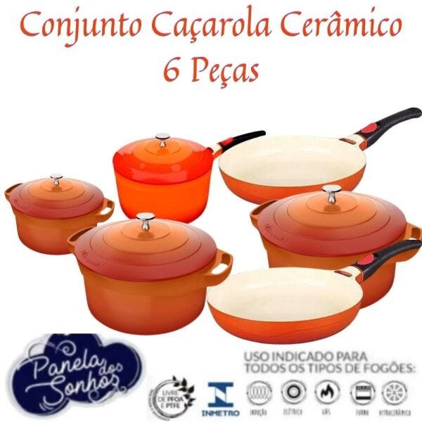 Conjunto 6 Peças Le Cook Cerâmico Orange Antiaderente Panelas Caçarolas Frigideiras - 4