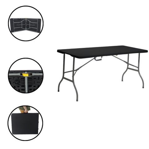 Mesa Dobrável de Plástico Preta 180x74cm Camping Praia