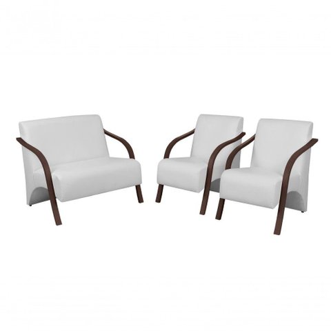 Conjunto Vênus Braços em Madeira 1 Namoradeira 2 Poltronas Courino Branco