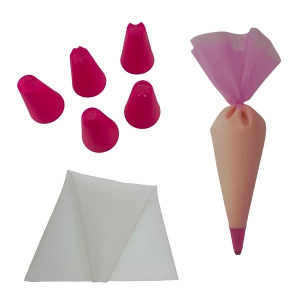 Kit para Confeitaria com Manga em Silicone + 5 Bicos para Decorar Cupcake Biscoito Bolo