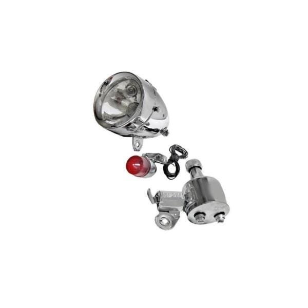 Farol a Dinamo com Luz de Freio 12V em Aço Cromado modelo antigo Vintage Retro 6W - 1