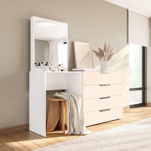 Cômoda Penteadeira Madri 4 Gavetas c/ Espelho 149x160cm Creme/Branco 250806